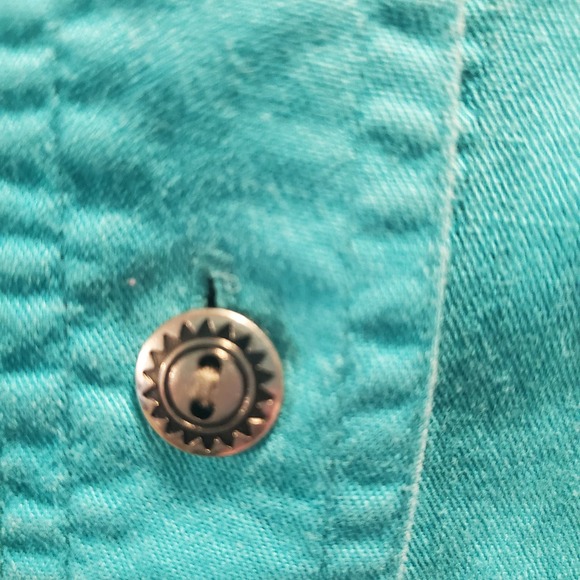Vintage Nuovo Sz S Aztec Embellished Blue Cotton Cropped Button Up Shirt - Picture 7 of 13